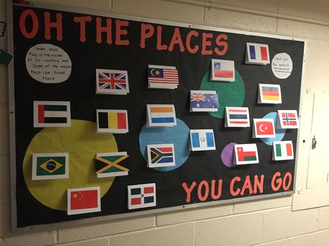 Oh the places you can go bulletin board for study abroad opportunities Geography Bulletin Board, Travel Bulletin Boards, Missions Bulletin Board, Diversity Display, Esl Classroom Decor, Diversity Bulletin Board, World Bulletin Board, Resident Assistant Bulletin Boards, Travel Theme Classroom