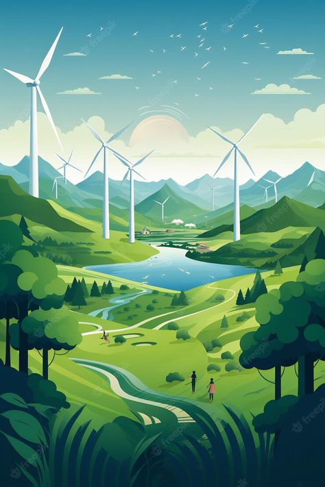 Premium AI Image | a poster for a wind farm with a road leading to the mountains