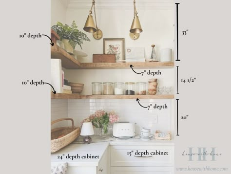 How Deep Should Kitchen Shelves be? (Ideas and Tips) - House with Home Ikea Cabinet Kitchen, Ikea Kitchen Shelves, Kitchen With Shelves, Shelving In Kitchen, Kitchen Shelves Styling, Kitchen Wall Shelf, Kitchen With Open Shelving, No Upper Cabinets, Floating Kitchen Shelves