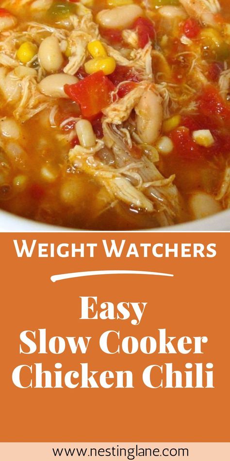 Slow Cooker Chicken Chili graphic. Weight Watchers Chicken Chili, Chili Recipe Slow Cooker, Slow Cooker Chicken Chili Recipe, Weight Watchers Slow Cooker, Boneless Skinless Chicken Breast Recipes, Chicken Chili Crockpot, Ww Food, Recipe Slow Cooker, Slow Cooker Chili Recipe