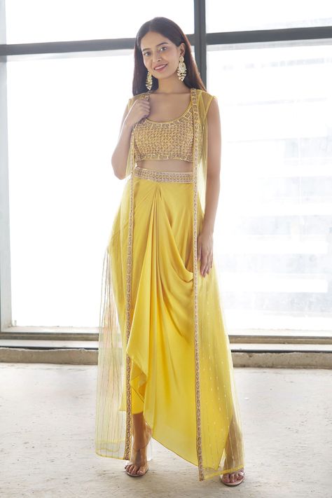 Portfolio Reference, Haldi Dress, Haldi Outfits, Haldi Outfit, Dhoti Pants, Embroidered Crop Tops, Draped Skirt, Party Wear Indian Dresses, Striped Jacket