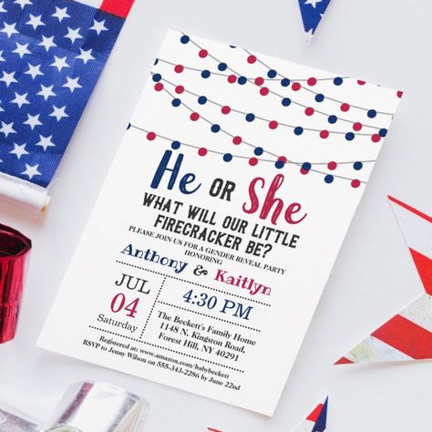 String Lights 4th Of July Gender Reveal Party Invitation - Great Barbecue 4th Of July Gender Reveal, Summer Gender Reveal, Red White And Due, American Flag Party, Memorial Day Celebration, Blue String Lights, Banner Red, Gender Reveal Party Invitations, Gender Reveal Invitations