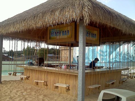 The Beach Bar at Mt. Olympus in Wisconsin Dells. Check out the swing-seats!     (C) EatDrinkMadison.com Beach Bar Design, Mt Olympus, Outdoor Restaurant Design, Outside Bars, Desain Lanskap, Backyard Bar, Beach Lounge, Beach Cafe, Tiki Hut