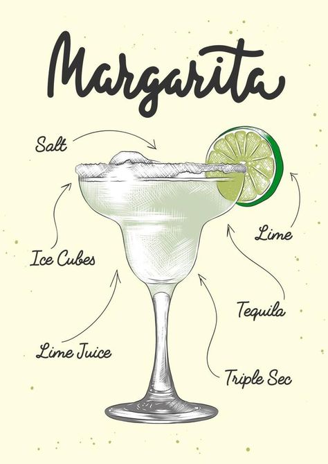 Vector engraved style Margarita alcoholic cocktail illustration for posters, decoration, logo and print. Hand drawn sketch with lettering and recipe, beverage ingredients. Detailed colorful drawing. Cocktails Drawing, Cocktail Margarita, Daiquiri Cocktail, Cocktail Recipe Book, Decoration Logo, Beer Wall, Colorful Drawing, Cocktail Illustration, Recipe Drawing