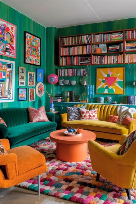 Green And Orange Living Room, Velvet Couch Living Room, Kitchen Palette, Bright Sofa, Colourful Furniture, Funky Living Room, Orange Living Room, Maximalist Living Room, Bold Interior