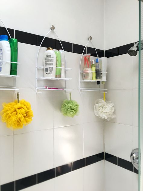 Shower Storage Solution Tiny Shower Organization, Creative Shower Storage, Tub Shower Storage Ideas, Tension Rod Shower Storage, Old Shower Storage, Ideas For Shower Storage, Small Bathroom Shower Organization Ideas, Shower Hacks Storage, Small Shower Storage Solutions