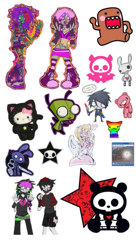 Emo/Scene Sticker lol Emo Stickers, Scene Emo Art, Sticker Collage, Hello Kitty Videos, Animal Crossing Fan Art, Emo Aesthetic, Emo Art, Face Icon, Clothing Design Sketches