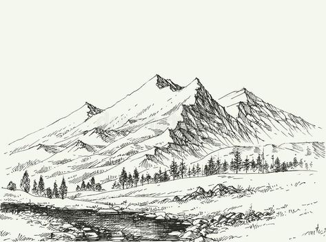 Mountains landscape sketch. River flow and alpine vegetation hand drawing #Sponsored , #affiliate, #ad, #sketch, #Mountains, #hand, #River