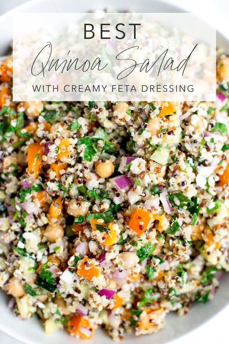 This simple Mediterranean-inspired quinoa salad with creamy feta dressing features protein-rich quinoa, convenient canned chickpeas, crisp cucumbers, bell pepper, red onion, and fresh parsley. Tossed in a creamy, 5-minute feta dressing, it makes a delicious and healthy lunch, dinner, or potluck-worthy side. #quinoa #healthy #saladrecipe #mediterranean #salad | modernminimalism.com Quinoa Salad Feta, Best Quinoa Salad, Best Quinoa, Feta Dressing, Sandwich Healthy, Quinoa Recipes Healthy, Pepper Sandwich, Creamy Feta, Mediterranean Quinoa Salad