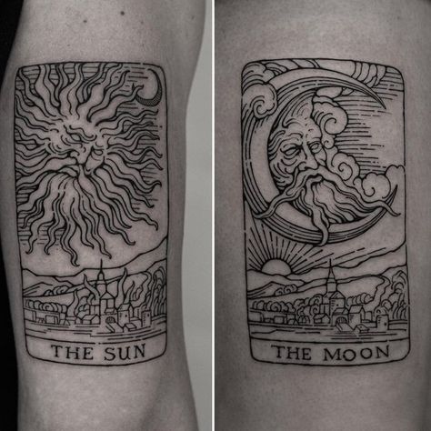 Engraving Tattoo Sleeve, Emo Tattoos, Woodcut Tattoo, Medieval Tattoo, Engraving Tattoo, Tarot Card Tattoo, Tarot Tattoo, Tattoo Apprenticeship, Bestie Tattoo