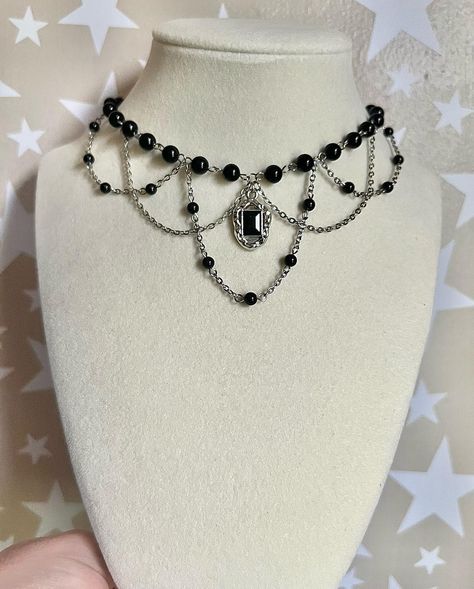 ‘No Reflection’ Necklace 🪞 made with black onyx beads, stainless steel findings, and stainless steel chain 33cm + 6cm extension chain available now, link in bio 🖤 #explorepage #jewelry #handmade #goth Gothic Pearl Necklace, Black Chains Jewelry, Goth Jewelry Diy, Faerie Jewelry, Goth Necklaces, Faery Jewelry, Gothic Jewelry Diy, Coquette Jewelry, Chain Necklace Diy