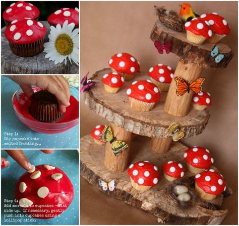 DIY Cute Toadstool Mushroom Cupcakes                                                                                                                                                                                 More Mushroom Cupcakes, Decoration Ideas Party Birthday, Birthday At Home, Decoration Ideas Party, Baked Yams, Garden Stand, Creation Deco, Kinds Of Salad, Fairy Parties