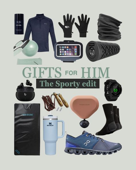 Christmas gift guide for men- Sports gifts, men’s gifts, holiday gift guide, gifts for him, gift ideas for husband, gift ideas for boyfriend, sporty gift guide. Sauna blanket, on cloud running trainers, massage gun, fitness watch, weighted skipping rope, Stanley cup, beats pods, foam roller Husband Gift Ideas, Fitness Gifts For Men, Gift Ideas For Husband, Sauna Blanket, Christmas Workout, Gift Guide For Men, Gift Ideas For Boyfriend, Gifts Men, Skipping Rope