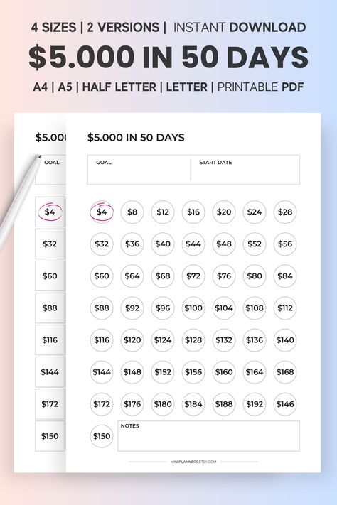 5000 In 50 Days, 5000 Savings Plan, Savings Challenge 5000, 5000 Savings Challenge, 5k Savings Challenge, Savings Guide, 50 Envelope Challenge, 5000 Dollars, Money Challenges