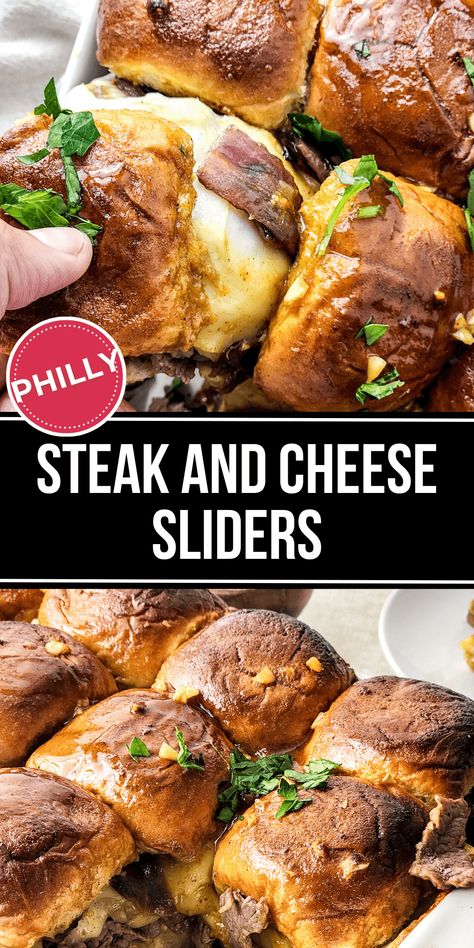 Steak and Cheese Sliders are a bite-sized take on a beloved classic, the Philly cheesesteak. Glazed ribeye steak, crispy fried onions, and sweet Hawaiian rolls make these mini steakburgers an irresistible appetizer you just can't pass up. Steak And Cheese Sliders, Shaved Steak Recipe, Philly Cheesesteak Sliders Recipe, Steak Sliders, Sweet Hawaiian Rolls, Steak And Cheese, Crispy Fried Onions, Cheesesteak Sliders, Bbq Chicken Sliders