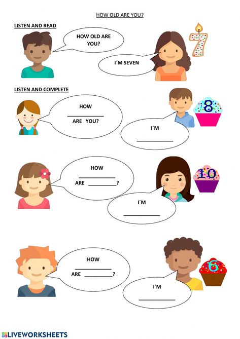 The age online activity for PREP 1 ST GRADE. You can do the exercises online or download the worksheet as pdf. Activities For Primary School Kids, How Old Are You, English Conversation For Kids, English Primary School, English Homework, Materi Bahasa Inggris, English Activities For Kids, English Exercises, English Phonics