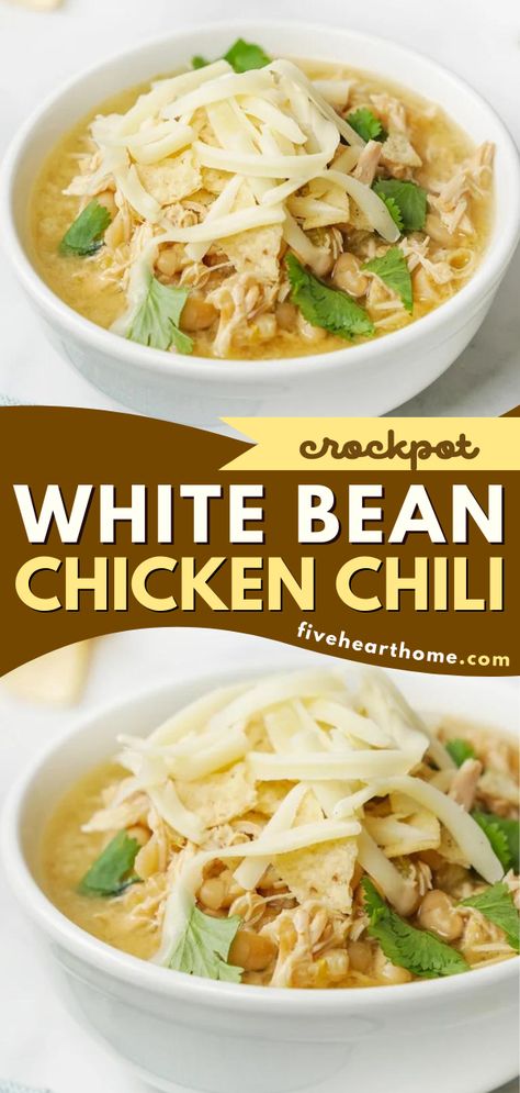 A white chicken chili recipe in the slow cooker! It's a must-try winter food idea. Hearty and super flavorful, this Crockpot White Bean Chicken Chili is an easy comfort food dinner your family will request again and again! Bean Chili Crockpot, White Bean Chili Crockpot, White Bean Chicken Chili Crockpot, White Bean Chicken Chili Slow Cooker, White Bean Chicken Chili Recipe, White Bean Chili Recipe, White Chicken Chili Recipe Crockpot, White Chicken Chili Slow Cooker, White Bean Chicken Chili