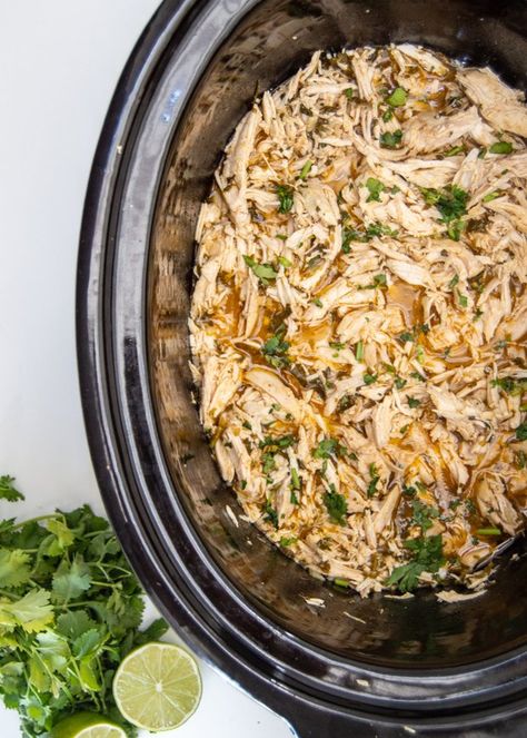 Slow Cooker Cilantro Lime Chicken | Sprinkle of This Crockpot Shredded Chicken, Chicken Season, Pulled Chicken Recipes, Slow Cooker Salsa Chicken, Slow Cooker Salsa, Slow Cooker Shredded Chicken, Lime Chicken Tacos, Green Chili Chicken, Honey Barbecue