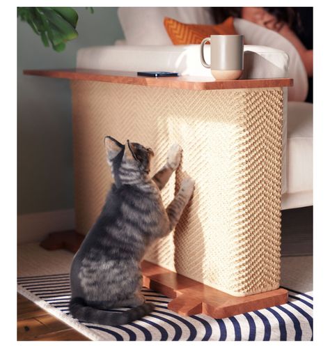 Cat Scratcher Couch Corner, Home With Cats Decor, Cat Room Interior Design, Cat Aesthetic Furniture, Cat Scratcher For Couch, Cat Scratcher Side Table, Natural Wood Cat Tree Diy, Protect Sofa From Cat, Cat Furniture Protectors