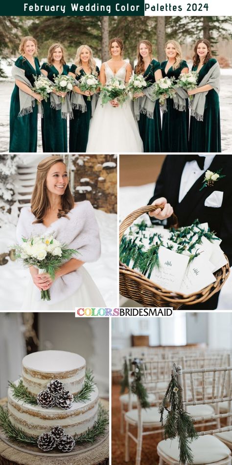 Emerald green, white and greenery February wedding color palettes inspirations for 2024: emerald green bridesmaid dresses, white bridal gown, white and greenery wedding bouquets, white bridal wrap, white wedding invitations with greenery decorations, wedding cakes with greenery and pincone decorations, aisle decorations with pine leaves. #weddingcolors #weddingideas #februaryweddings #winterweddings #colsbm #2024 #bridesmaiddresses #emeraldgreenandwhite Silver And Emerald Green Wedding, Rustic Winter Wedding Color Palette, Winter Wedding Aesthetic Green, Emerald Winter Wedding, Emerald Green And Silver Wedding, Pine Green Bridesmaid Dresses, Rustic Winter Wedding Colors, 2024 Wedding Colors, Winter Wedding Green