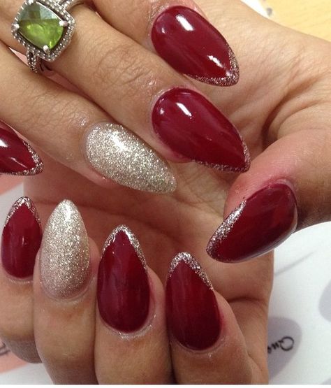 Red And Silver Manicure, Red Nails Silver Tips, Red Nails With Silver Glitter Tips, Christmas Nails 2023 Red And Gold, Red Nails Silver Glitter, Hoco Nails Red Dress, Burgundy And Silver Nail Designs, Red And Silver Glitter Nails, Red And Silver Nails For Prom