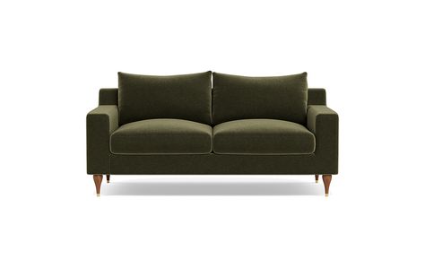 Sloan strikes an ideal balance between sleek and soft. Take, for instance, the crisp lines of its track arm, which are offset by a subtle taper near the back. The Sloan custom loveseat's design reflects a modern influence, yet is approachable and livable. It's no wonder it feels right in a variety of decors, whether modern or more traditional. Sloan's sit profile only adds to the universal appeal. With a medium height and depth, it's a custom loveseat that suits a range of body types. The layere Green Velvet Loveseat, Loveseat Living Room, 3 Seat Sofa, Velvet Loveseat, Interior Define, Custom Sofa, Loveseat Sofa, Vintage Velvet, Room Sofa