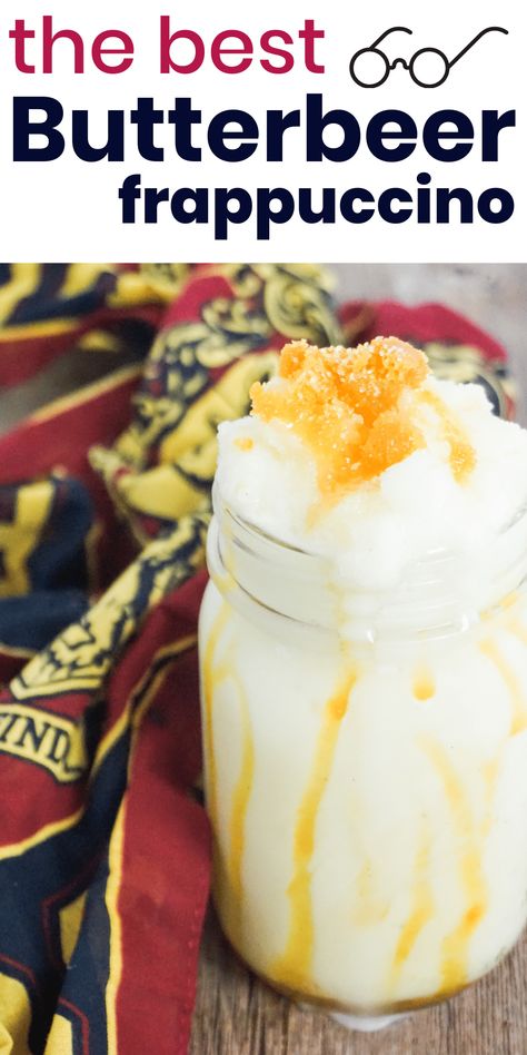 This homemade butterbeer frappuccino is the perfect drink for all the Potterheads out there! This secret recipe is the best! #butterbeer #frappuccino #butterbeerfrappuccino #harrypotter Diy Butterbeer, Butterbeer Latte, Butterbeer Frappuccino, Homemade Butterbeer, Frozen Butterbeer, Butterbeer Recipe, Homemade Frappuccino, Frappuccino Recipe, Starbucks Diy