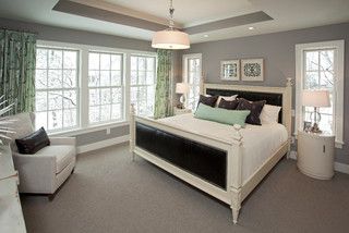 Wall color-Benjamin Moore 1467 baltic gray Tray Ceiling Bedroom, Tray Ceiling Ideas, Beach Style Bedroom, Simple Ceiling Design, Suite Master, Living Colors, Beautiful Bedroom Designs, Gray Walls, Bathroom Paint Colors