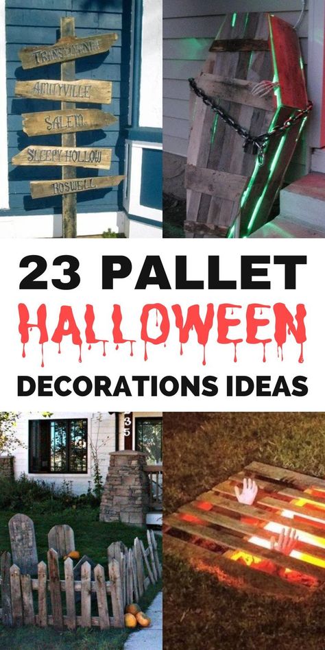 If you’re looking for a unique and affordable way to spruce up your home this Halloween, consider using pallets. Here are 23 awesome pallet Halloween decorations ideas that you should try. Halloween Pallet Projects, Pallet Halloween Decorations, Halloween Fence, Easy Outdoor Halloween Decorations, Pallet Halloween, Halloween Garden Decorations, Scary Halloween Decorations Outdoor, Scary Halloween Decorations Diy, Halloween Decorations Ideas