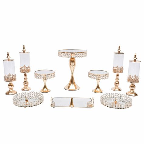 PRICES MAY VARY. 【Package Include】10 pieces cake stand: 1* Large cake stand with base: 11.8*H15.3 inch, 2* Small cake stands with base: 8*H7.87 inch, 2* Small round tray: 10.2*H2.2 inch, 2* Large sugar bowls: 3.9*H18 inch, 2* Small sugar bowls: 3.8*H15.7 inch, 1* Large tray: L13.8*W7.87 inch. 【High-quality Material】Crystal cupcake is made of metal body & crystal beads & acrylic mirror, crafted of iron in a clean baking painted finish, stable base, safe and secure use, good weighing, strong and d Metal Cupcake Stand, Gold Cupcake Stand, Crystal Cupcakes, Silver Cake Stand, Crystal Cake Stand, Gold Cake Stand, Metal Cake Stand, Cake Stand Set, Mirror Cake