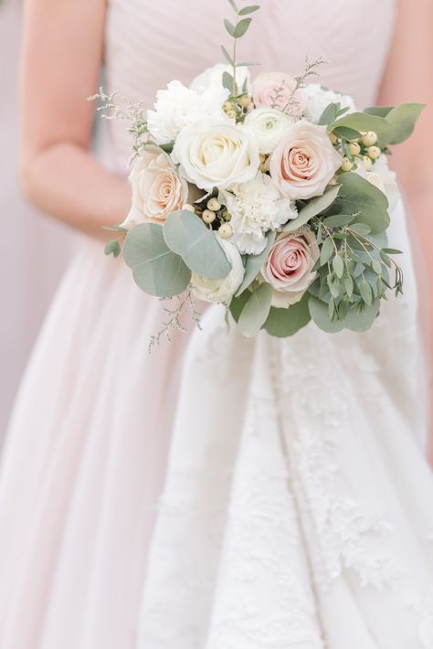 Small Bridal Bouquets Simple, Blush Bridesmaid Bouquet With Greenery, White And Cream Bridesmaid Bouquet, Wedding Flowers Peach And White, Small Blush Bouquet, Sage Green And Blush Flower Arrangements, Wedding Bouquets Sage And Blush, Bridal Bouquet Sage Green And Blush, Simple Bouquet For Bridesmaids