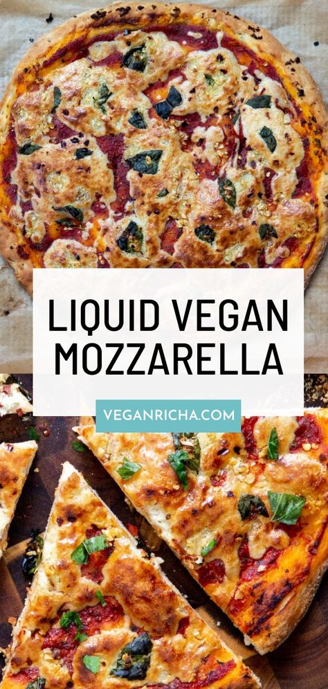 Learn how to make the perfect vegan liquid mozzarella that bakes up to gooey, melty, and stretchy cheese perfection when drizzled over homemade vegan pizza! Gluten-free option included. Vegan Pizza Cheese, Mozzarella Pizza, Vegan Cheese Recipes, Vegan Richa, Mozzarella Recipes, Vegan Mozzarella, Vegetarian Pizza, Vegan Pizza, Vegan Foods