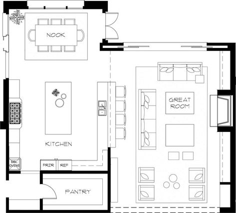 Large Living Room Layout, Kitchen Floor Plan, Living Room Floor Plans, Living Room Plan, Sala Grande, Living Room Layout, Living Room Furniture Layout, Casa Country, Floor Plan Layout