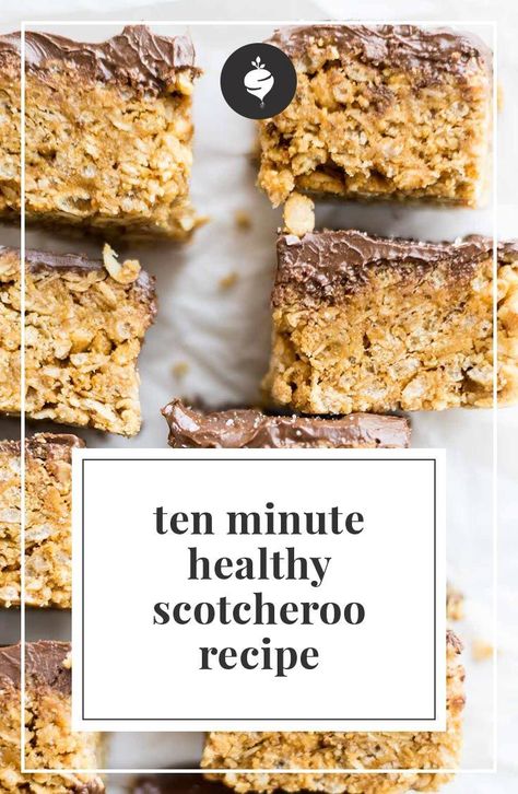 A healthy spin on the traditional scotcheroo with a fraction of the sugar and some superfoods. Grab this 10-minute healthy scotcheroo recipe.: Keto Chicken Cutlets, Pancakes Videos, Scotcheroos Recipe, Healthier Baking, Creative Treats, Clean Desserts, Healthy Bars, Keto Pancakes, Paleo Desserts