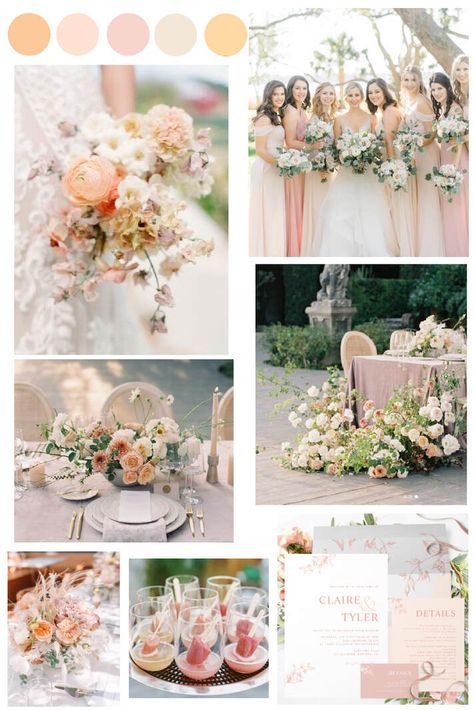 Elegant peach, cream, blush pink and yellow wedding color theme Peach And Green Bridal Shower Ideas, Cream And Blush Wedding Theme, Peach Pink And Green Wedding, Salmon Pink Wedding Theme, Cream And Pink Wedding Theme, Peach And Champagne Wedding Colors, Peach Ivory And Gold Wedding, Pink Peach Champagne Wedding, Light Peach And Ivory Wedding Theme