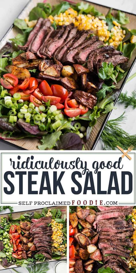 Steak Salad, made with marinated flat iron steak, roasted potatoes and corn, baby greens, and homemade ranch dressing is a delicious complete dinner recipe! #steaksalad #dressing #recipe #ranch #easy #marinade #grilled Filet Mignon Salad Recipe, Pasta Salad With Steak, Healthy Salad For Dinner, Patio Steak Recipes, Steak Pasta Salad Recipes, Keto Dinner Recipes Grill, Steak Tip Salad, Steak And Salad Recipes, Steak Corn Salad