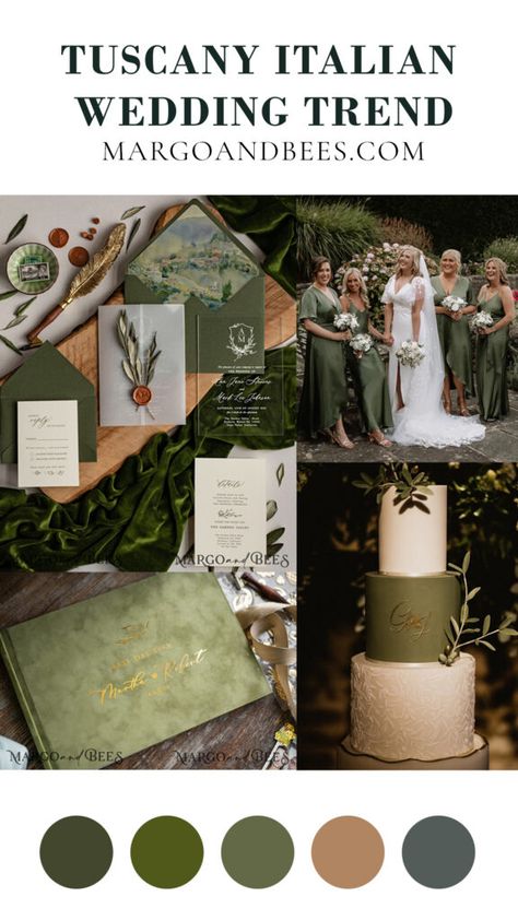 Under The Tuscan Sun Wedding, Tuscan Wedding Palette, Italian Vineyard Wedding Tuscany Italy, Olive Green Themed Wedding, Olive Tree Wedding Theme, Tuscan Wedding Colors, Deep Olive Green Wedding, Tuscan Wedding Theme Color Schemes, Fall Tuscan Wedding