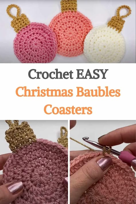 This time we want to share a step-by-step tutorial on how to crochet these super easy and cute Christmas Baubles! They work great as coasters, you can put them around your house on tables or just as an ornament to hang on your garlands or Christmas tree this year. The author used glitter yarn to crochet them, so if you feel a little extra you can do it as well, this gives it a special bright touch to the coasters. Have a great time crocheting and bring the Christmas spirit to your home decor!... Crochet Tree Coaster, Easy Crochet Ornaments Free Pattern, Easy Crochet Christmas Ornaments Free, Crochet Tree Ornaments, Crochet Christmas Coasters, Crochet Christmas Tree Ornaments, Crochet Christmas Garland, Ornament Crochet, Crochet Christmas Ornaments Free