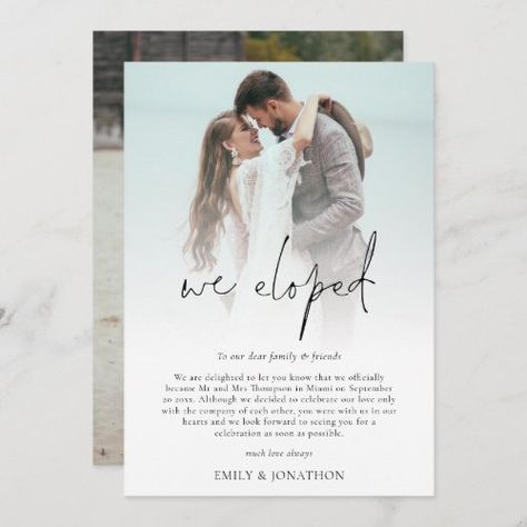 $2.65 | We Eloped 2 Photo Script Wedding Announcement card - wedding, script, minimalist, 2 photos, we eloped, elopement, modern, elegant, handwriting style, handwritten style Elegant Handwriting, We Eloped, Wedding Announcement Cards, Elopement Reception, Wedding Script, Elopement Announcement, Wedding After Party, Handwriting Styles, Wedding Announcement