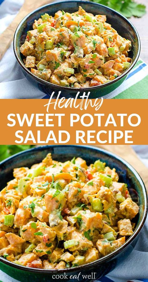 If you're looking for something different to bring to your next barbecue, this cold sweet potato salad is amazing! It's naturally sweet from the roasted sweet potatoes with a chipotle lime kick from the easy dressing recipe. This healthy sweet potato salad is paleo, gluten-free, dairy-free, vegan, and Whole30. Vegan Labor Day Recipes, Summer Sweet Potato Recipes, Cookbook Photoshoot, Easy Dressing Recipe, Roasted Sweet Potato Salad, Sweet Potato Salad Recipe, Sweet Potato Sides, Sweet Potato Recipes Healthy, Potato Salad Healthy