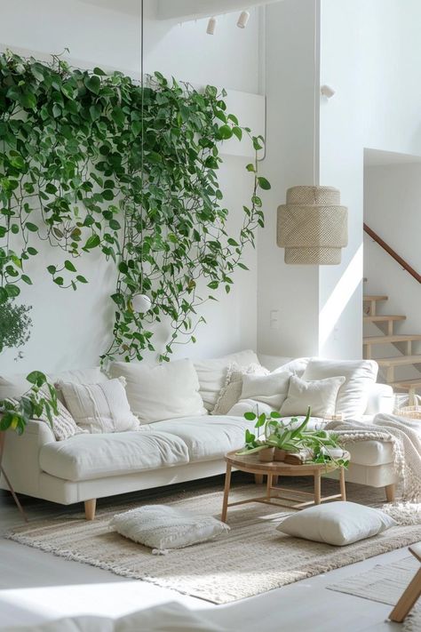 How to Create a Living Plant Wall Inside Your Home Wall Plants Living Room, Hanging Plant Living Room, Indoor Greenery Wall, White Living Room With Plants, Plants On Wall Indoor, Plant Inside House, Living Plant Wall Indoors, Wall Shelves Plants, White Room With Plants