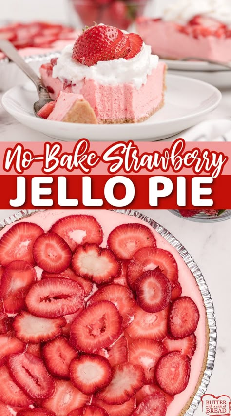 Strawberry Jello Cream Cheese Dessert, Strawberry Jello Mousse, Jello Strawberry Pie Recipe, No Bake Strawberry Jello Pie, Jell O Recipes Desserts, Pudding Pie Recipes Jello, Strawberry Jello Recipes, Strawberry No Bake Dessert, Easy Dessert Recipes With Few Ingredients Quick