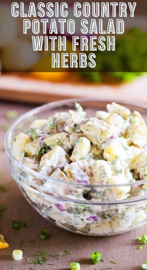 Classic Country Potato Salad uses fresh herbs like dill, scallions, and parsley all paired with hints of lemon making this dish a summer favorite! Salad With Fresh Herbs, Potatoe Salad Recipe, Fresh Dill, Summer Favorites, Fresh Parsley, Healthy Salad Recipes, Healthy Salads, Fresh Herbs, Parsley