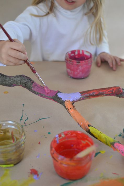 kids will love this format, especially if they find their own branch // great project for a group Collaborative Art Projects For Kids, Group Art Projects, Painted Branches, Collaborative Art Projects, Tree Study, Toddler Art Projects, Art Projects For Kids, Group Art, Kindergarten Art