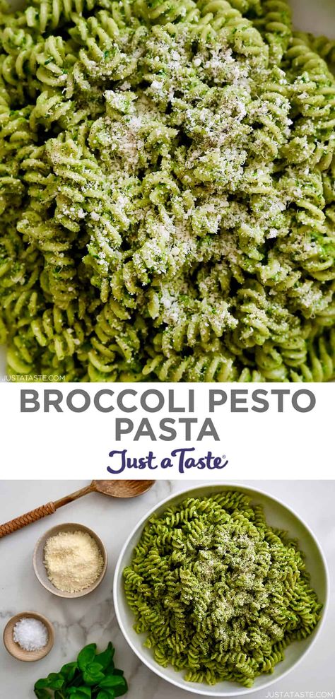 Classic basil pesto gets a welcome glow-up with the addition of broccoli florets in this easy recipe for Broccoli Pesto. The result is a creamy sauce perfect for tossing with your favorite pasta for a quick and easy dinner! #creamypestopasta #dinnerideas #pestorecipe #justatasterecipes Broccoli Pesto Pasta Recipes, Broccoli Pesto Sauce, Broccoli Basil Pesto, Brocolli Pesto Recipe, Creamy Broccoli Pasta Sauce, Broccoli Pesto Recipe, Brocolli Pasta Recipe, Broccoli Sauce For Pasta, Broccoli Pasta Sauce