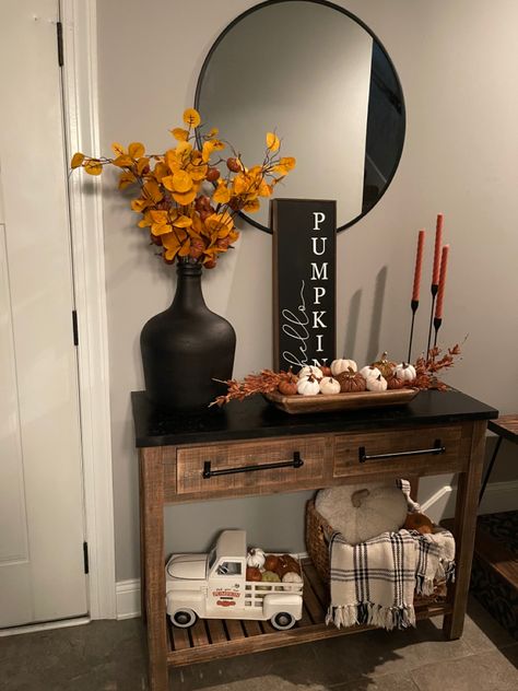 Top Of Fridge Decor Ideas Fall, Fall Decor On Entry Table, Fall Decor Inspo Kitchen, Fall Decor On Fireplace, Fall Decor Vase Fillers, Fall Apartment Decor Living Rooms Cozy, 2023 Fall Home Decor, Entry Way Fall Decorations, Fall Home Aesthetic Living Room