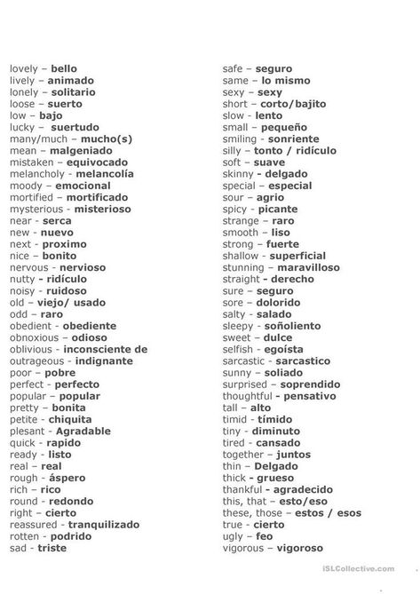 Adjectives In English And In Spanish Worksheet - Free Esl Printable 170 Adjectives In English, Spanish Adjectives, Spanish Help, Words In Spanish, Useful Spanish Phrases, Learn Spanish Free, Spanish Words For Beginners, Basic Spanish Words, English Adjectives