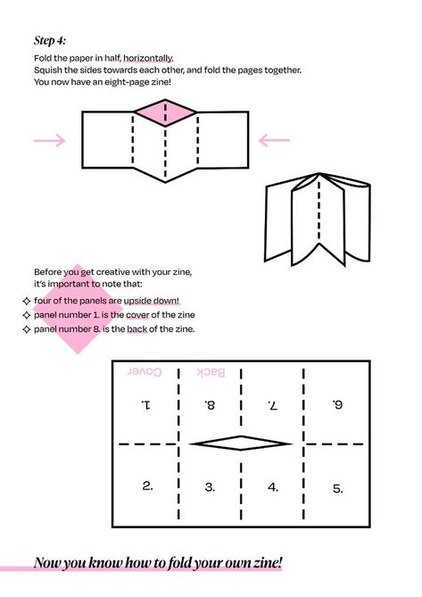 How to fold an eight-page zine, using a single sheet of paper. Illustration Education, Teach Peace, Zine Design, How To Fold, Adult Crafts, Paper Toys, Folded Up, Sheet Of Paper, Art School