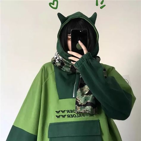 Frog Hoodie, Alt Aesthetic, Women Anime, Top Girls, Green Top, Streetwear Women, Harajuku, Long Sleeve, Green