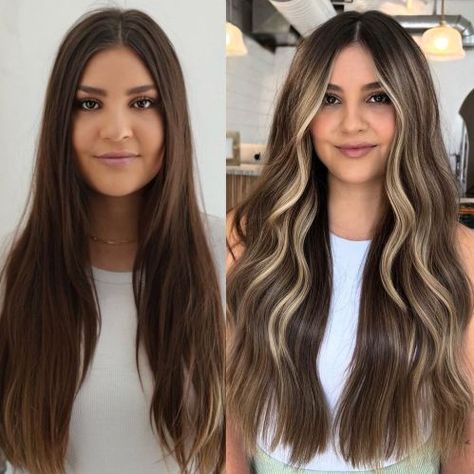 Blonde Face-Framing Highlights for Long Brown Hair Highlights For Long Brown Hair, Hair Color Ideas 2023 Trends, Hair Color Combos, Hair Color Ideas 2023, New Hair Color Ideas, Brown Hair Inspiration, Warm Brown Hair, Blonde Highlights On Dark Hair, Brown Hair Inspo